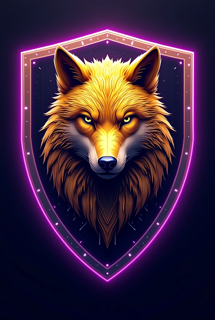 Design a team shirt shield featuring a golden wolf with tech elements and some purple accents.