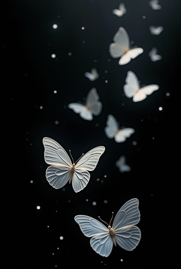 drawing of white butterflies on a black background
