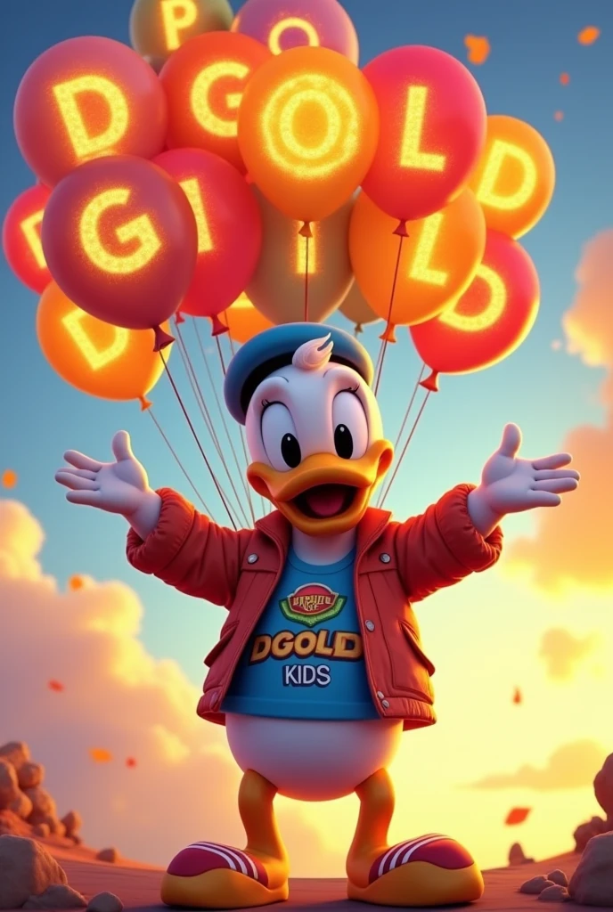 a cartoon character pato Donald wearing designer brand clothes, the brand name DGOLD KIDS is written on the clothes, pato Donald is holding balloons with the word DGOLD written on them, the letters on the balloons are on fire, the balloons are colorful and each balloon has a letter in order spelling out DGOLD, the text DGOLD KIDS is written in the brand name on the clothes