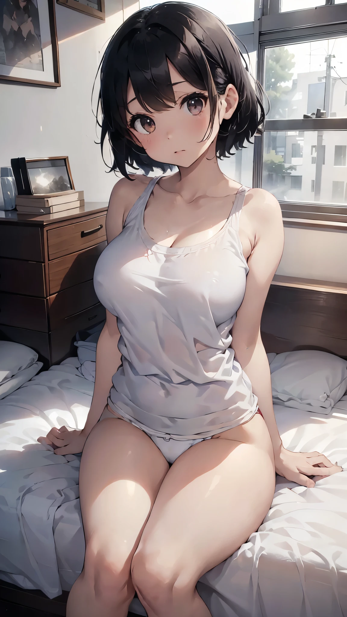 Black Hair Short Bob、No bra、Unnaturally large breasts、Big butt、Her breasts are visible、Wrinkled white large tank top、サイズの大きいsnow-white underwear、snow-white underwear、Wearing a red coat、Sitting with legs down on the bed at home