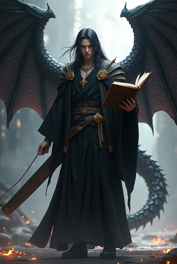 A male mage with black scales and an extravagant dragon wing, long flowing black hair., Black haori and black clothes with gold accessories , holding an open book in their right hand. Illustrated RPG concept art style, アニメ, with striking lighting and heavy shadows
