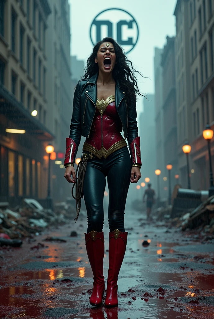 Wonder Woman in a black leather jacket and red corset, black leather pants, red knee-high boots, screaming exhausted after a battle, blood around her, reflection of her in the blood in an apocalyptic, rainy city. Bloody and terrifying images. DC universe logo.