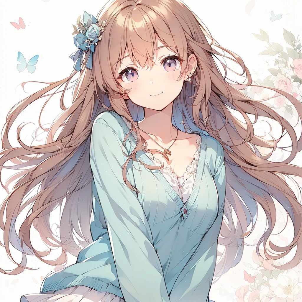 (Exquisite, beautiful, Very detailed, masterpiece, high quality,High resolution),(Well-formed face,Soft and thin lines: 1.2, Beautiful and delicate illustrations with a mature and transparent feel, Pixiv-inspired anime illustration,A beautiful girl illustration with a cute smile in pastel colors that would go viral on Twitter among Japanese people),A fashion model, who looks like a pure college student, is posing like a model.,A delicate face with a translucent quality, (Beautiful smile),(Slightly wavy, flowing medium-length hair), (A pale pink blush, Plump pink lips,Quite a large bust,Fair skin, Good style,Long, Slender legs),Hearts float