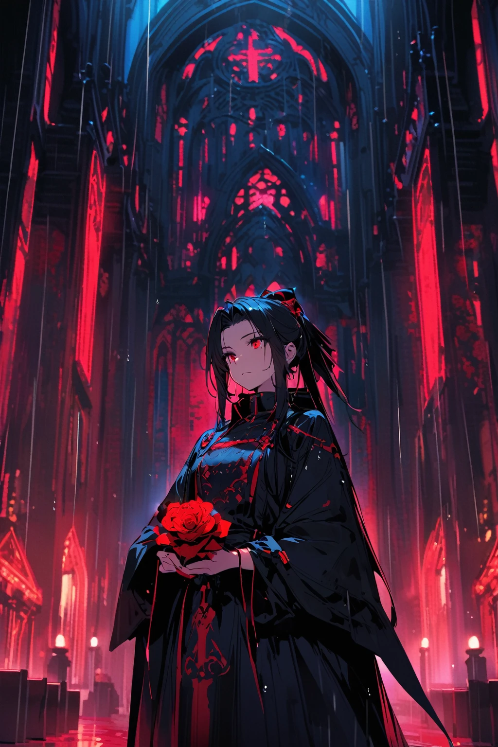 A warrior，Roses in hand，In the church，Mainly black and blue，red neon light，Night，rain