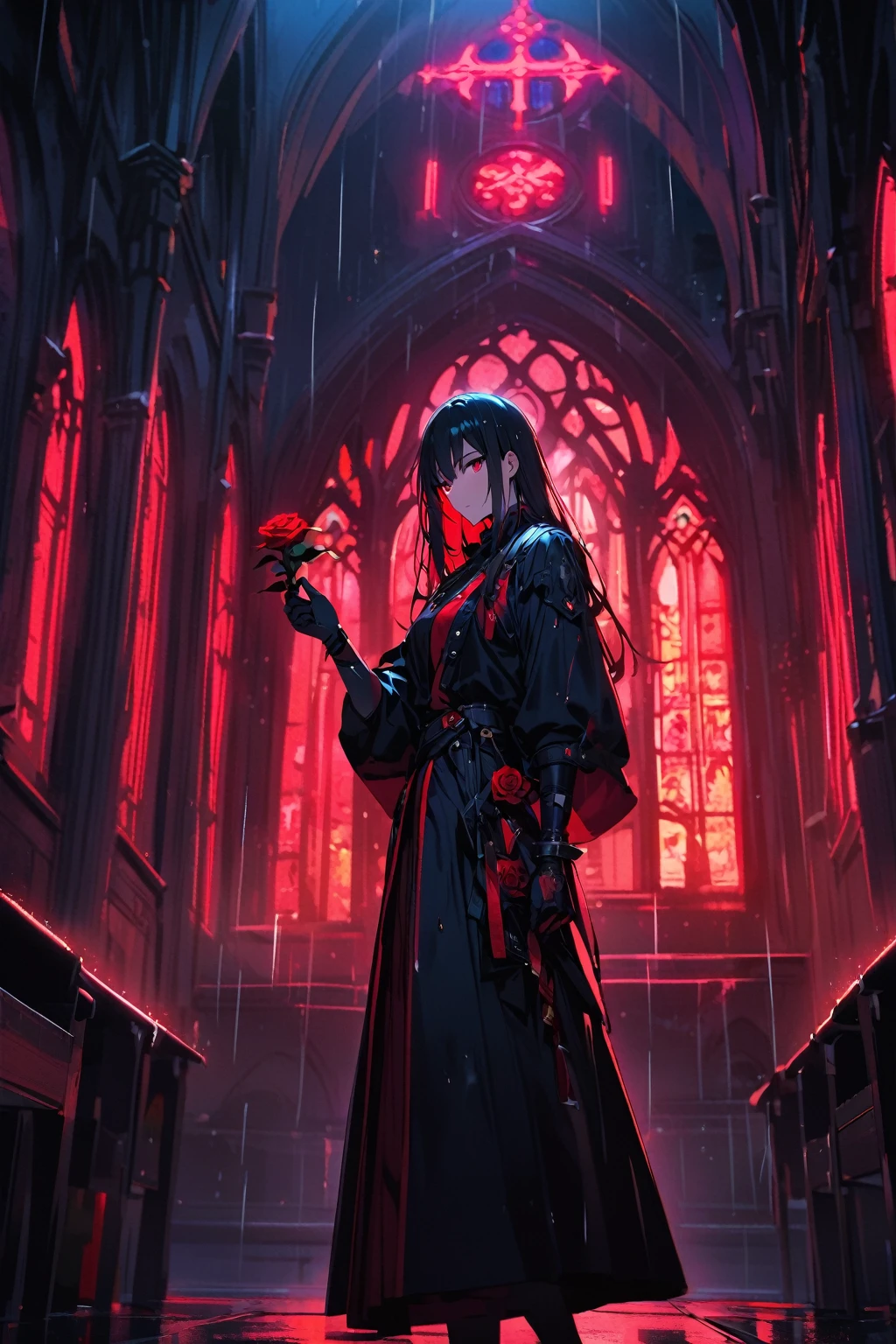 A warrior，Roses in hand，In the church，Mainly black and blue，red neon light，Night，rain