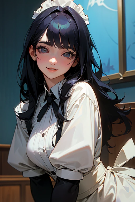 (Highest Resolution, clear_image) Highest quality, single, One woman, alone, masterpiece, Very detailed, Semi-realistic, Black Hairのショートヘア, Black Hair, bangs, 18-year-old, mature, Light blue , Indoor Background, kind, Authoritative, Powerful, exquisite features, exquisite features、Eyelashes become longer、Showing teeth、smile😀、Maid clothes、woman'Fingers in the、Sleeping on the sofa、Long Hair、Fluttering in the wind、