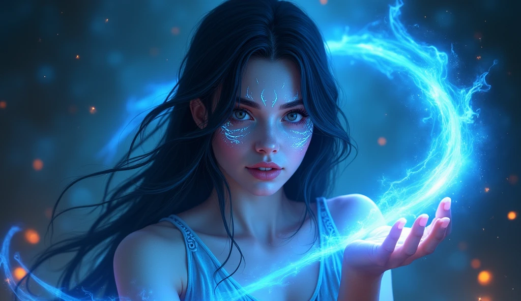 Fantasy-themed digital artwork featuring a young woman with long, wavy dark hair and light skin. Her face is adorned with glowing blue, vein-like patterns, and she has intense, focused eyes. She is surrounded by swirling blue magical energy, which she appears to be controlling with her outstretched hand. The background is dark with scattered, glowing embers, adding to the mystical atmosphere.
