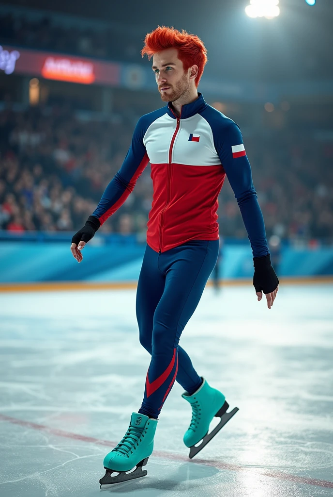 Draw a French national ice skating coach, young adult,  fire red hair ,naughty man,pele caucasiana,greeneyes,turquoise ice skates, on the skating rink,wearing a trainer's outfit in the colors of the Polish flag 