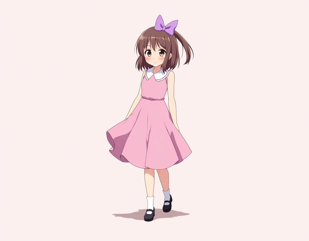17 year old anime girl with sleeveless pink dress, peter pan collars, knee length hemline,mary jane shoes, medium sized purple bow in hair. plain background.