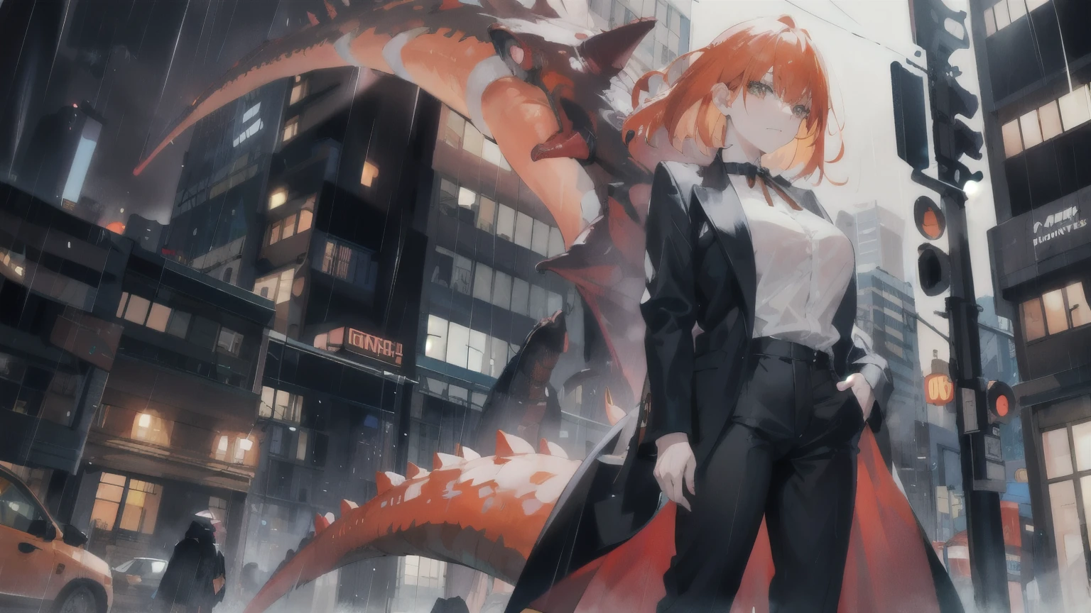 city at night, rain, 1 woman with her back to the viewer, high black pants, orange dinosaur tail, long orange hair, long coat, mafia