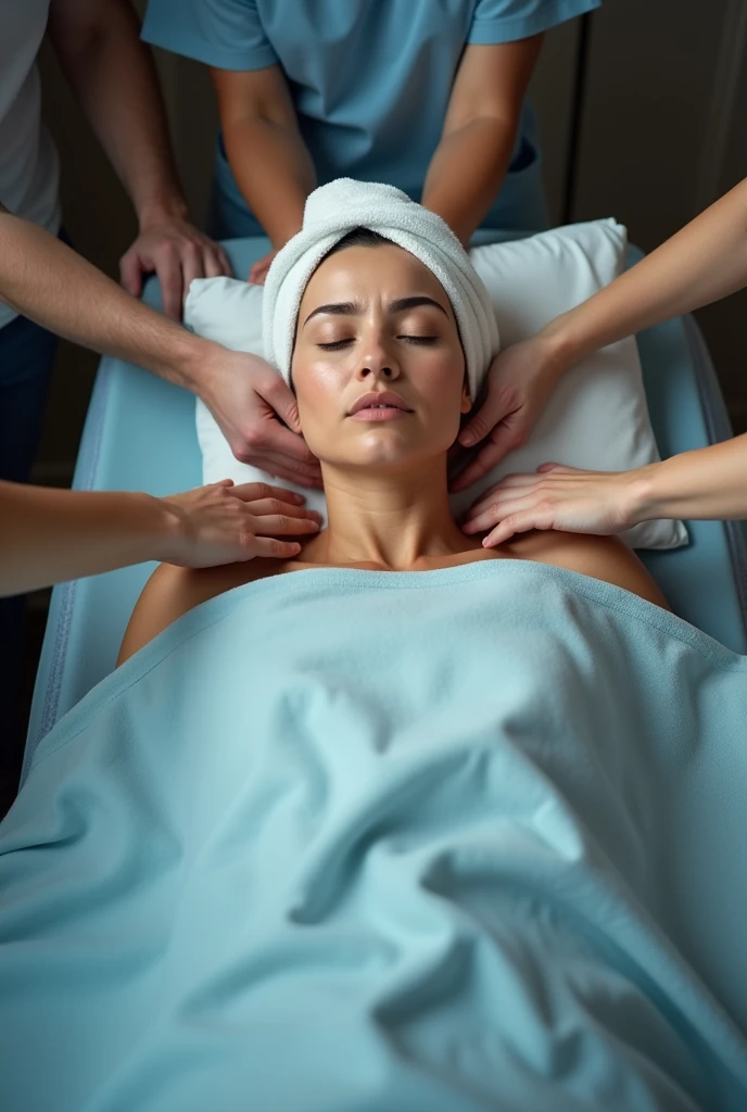 Woman with eyes closed and a small towel covering her eyes, lying calmly, covered up to her neck with a blue sheet on a stretcher and 4 people with their hands open towards the woman lying down
