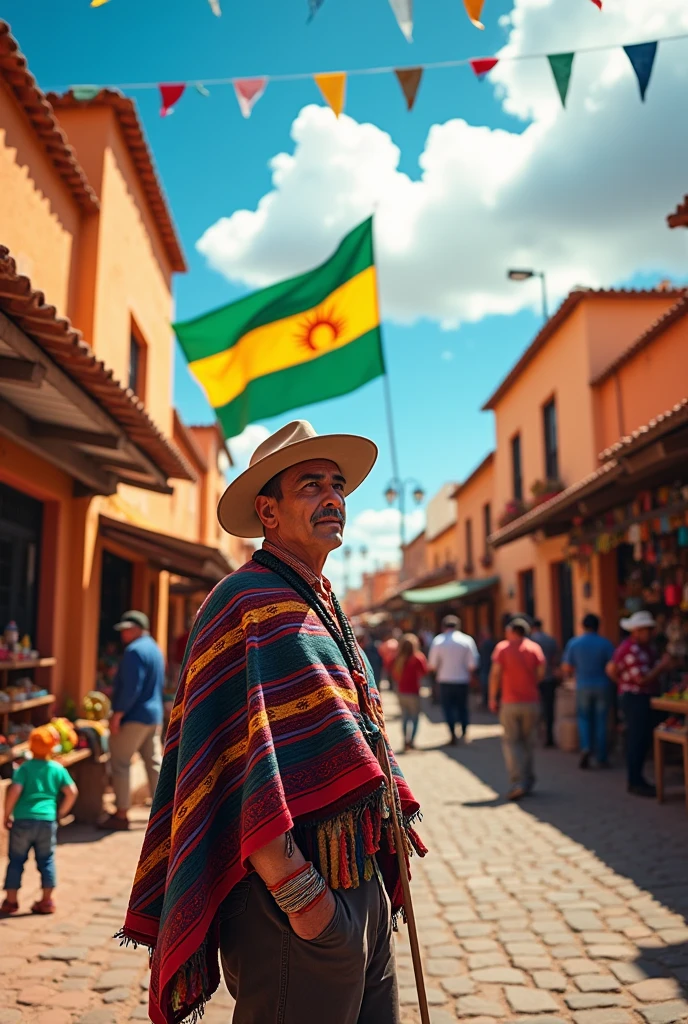 Drawing of a man in a town talking with the Bolivian flag 

