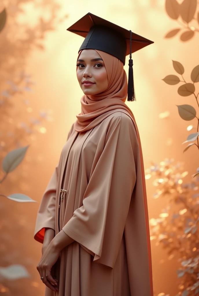 Consept art photography, fan art photography, a women, wearing hijab, wearing black graduation hat, Wearing pastel brown graduation gown, pastel brown theme background, Standing pose, leaf effect background,pastel brown lighting effect,bright results, perfect pose.