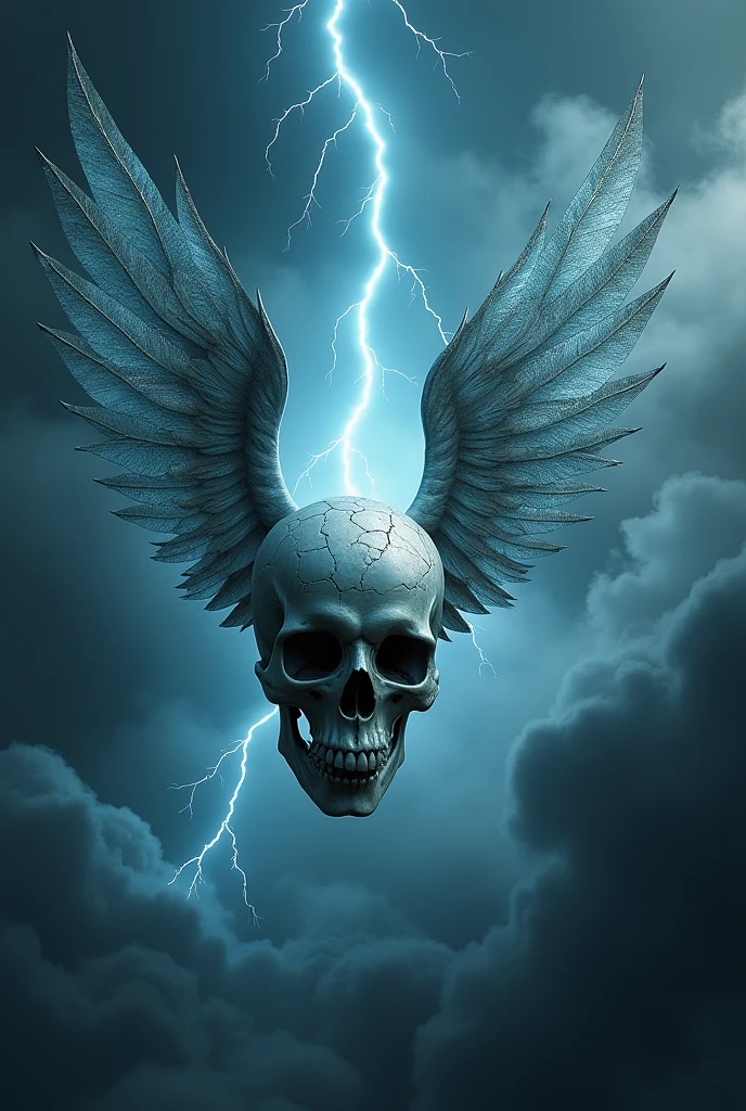 Human skull with wings falling with lightning around it