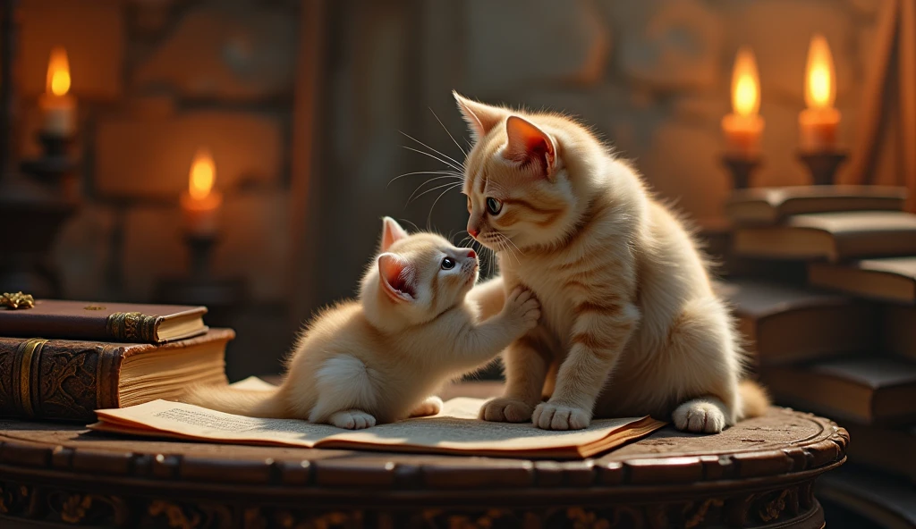 give me a cat mommy playing with her son at a mystical temple table from the 1800s with old books nearby with her eyes lightly glowing 3 candles on the table in the distance