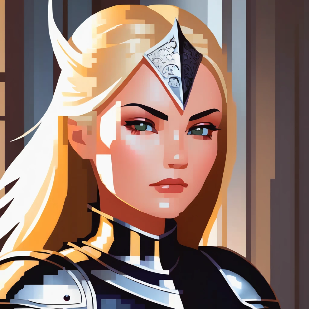 Woman knight, silver armor, beautiful face, portrait character photo, determined facial expression, stern strong woman, (blonde)