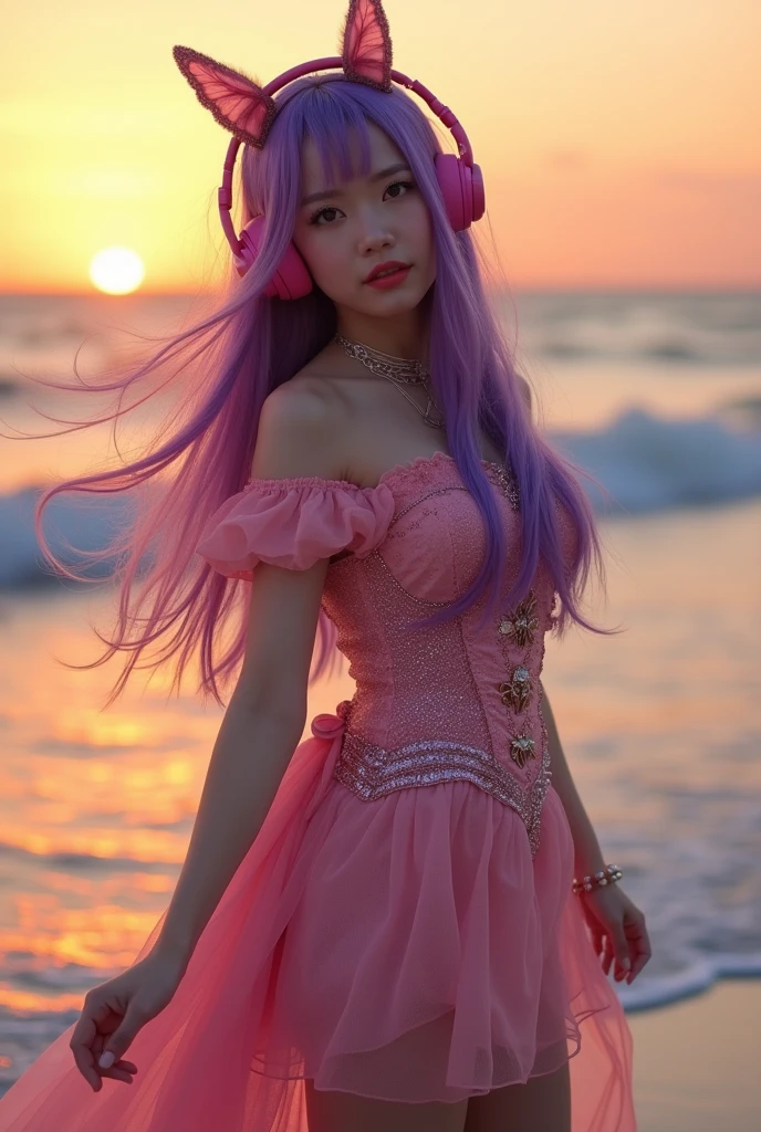 Korean butterfly woman with purple hair wearing headphones and a short victorian dress, a sparkly mini skirt, at sunset on the beach. Sexy pink pirate outfit.