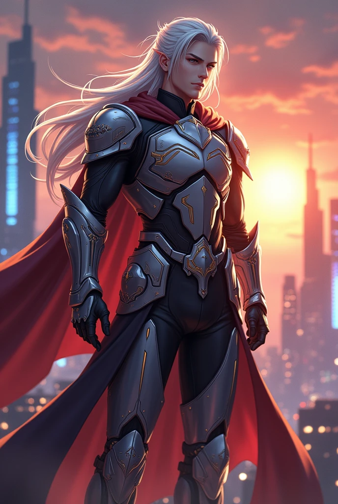 Anime modern male warrior general with white hair