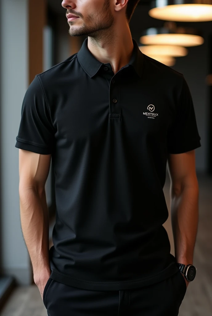 Generate an image of a black polo shirt with the MENTRUX brand on the chest