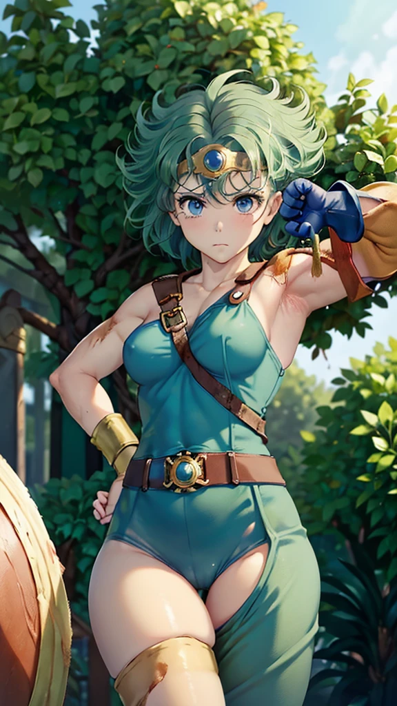 (((SFW、sound、Highest quality、Top notch work、Normal body、、Detailed face、Ultra-precision、normal hand、Refer、5refer、Highest)))、beautiful girl、Green Hair、yamato nadeshiko、Small breasts、Shortcuts、Blue leotard、muscular、Red Cape、Circlet、Dragon Quest、Female Heroes、 Fight、Fight is ready、Sweep with a sword、Please put your hands together in front of you.、Place your hands behind your back、Please put your hands on your hips、cover your chest with your hands、((Executed perfectly:Frame yourself from head to toe,Standing posture,Draws in great detail、There is no anatomical problem))、(((There is a wound on the arm、the presence of wounds on the chest、There is a wound on the abdomen、There are wounds on the legs:1.6))),(((Bleeding from the wound:1.2)))、writhing in pain、(((The female warrior is surrounded by a sea of fire、Burning at the stake:1.4)))、(((The town is burning behind the heroine:1.1)))、(((stone punishment、Held on a cross:1.6)))