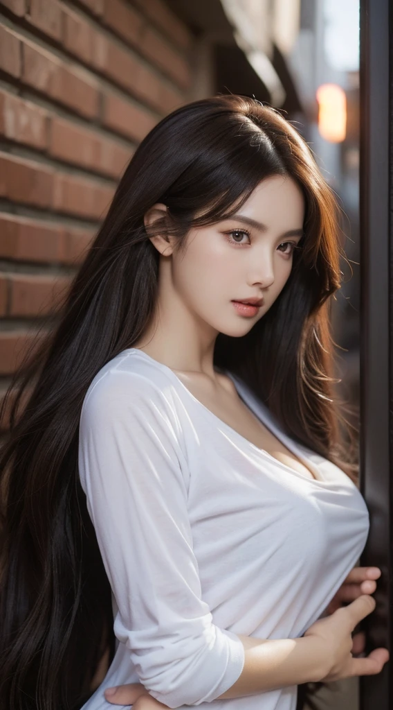 （best qualtiy，A high resolution，tmasterpiece：1.3），A tall and beautiful woman，Dark brown hair in loose wavy styling，Bigboobs，V-neck white shirt，Dark Alley，Beautifully rendered details in face and skin textures，Charming eyes，Charming eyes，double eyelid