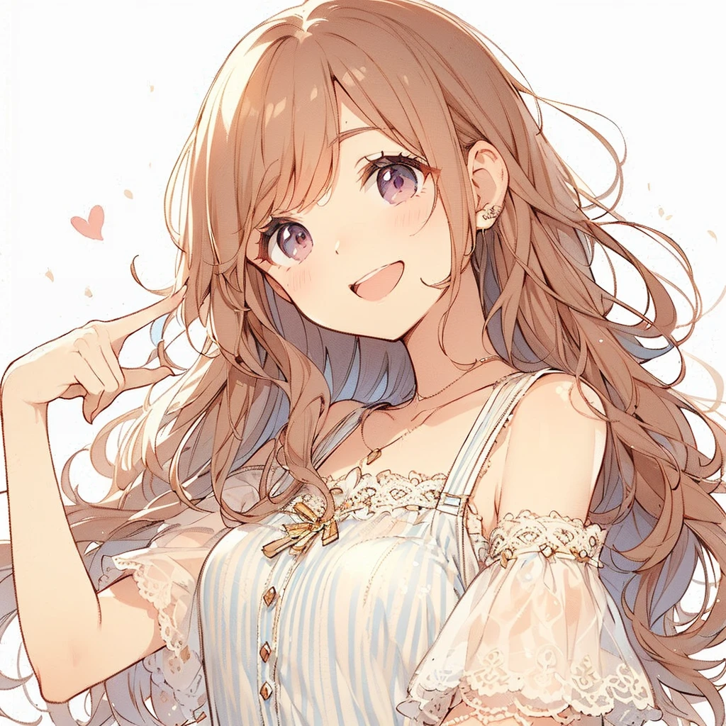 (Exquisite, beautiful, Very detailed, masterpiece, high quality,High resolution),(Well-formed face,Soft and thin lines: 1.2, Beautiful and delicate illustrations with a mature and transparent feel, Pixiv-inspired anime illustration,A beautiful girl illustration with a cute smile in pastel colors that would go viral on Twitter among Japanese people),A fashion model, who looks like a pure college student, is posing like a model.,A delicate face with a translucent quality, (Beautiful smile),(Slightly wavy, flowing medium-length hair), (A pale pink blush, Plump pink lips,Quite a large bust,Fair skin, Good style,Long, Slender legs),Hearts float