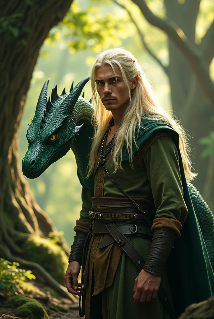 Man with long platinum blonde hair, Scrawny. Wearing medieval clothing . Beside a medium-sized dark green dragon.