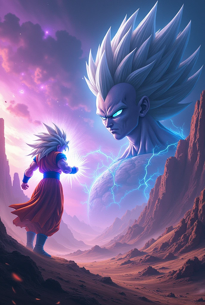Create a scene where Goku, in his Ultra Instinct form, is fighting Bills., on a remote planet.