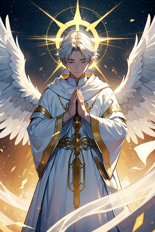 An angelic being,wears a white mantle, his face emits a light(n from the prayer to see your face)dazzling white wings and a golden halo,is descending from the heavens in a completely destroyed place