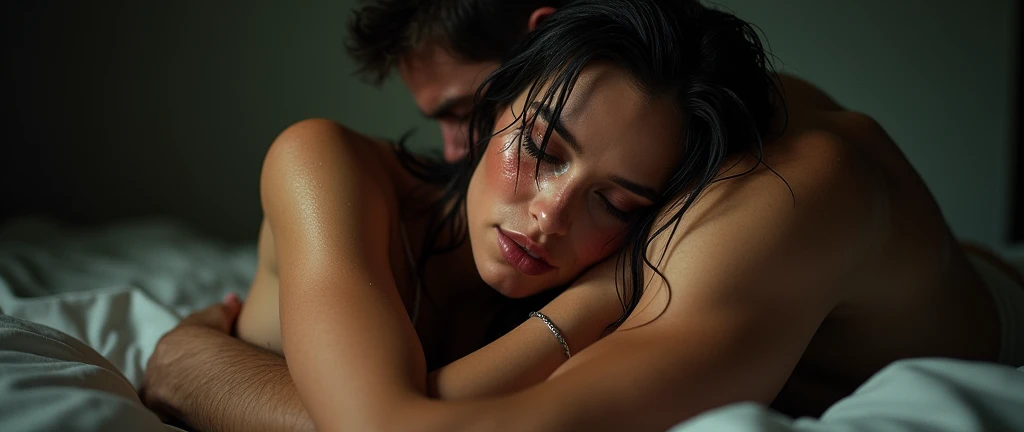 sexy woman is bearhugged by man, full body shot, redness on face, wet hair, tears, woman pee under herself, perfect feet, passed out, lifeless body, closed eyes, nude, woman is unconscious, limp  arms,