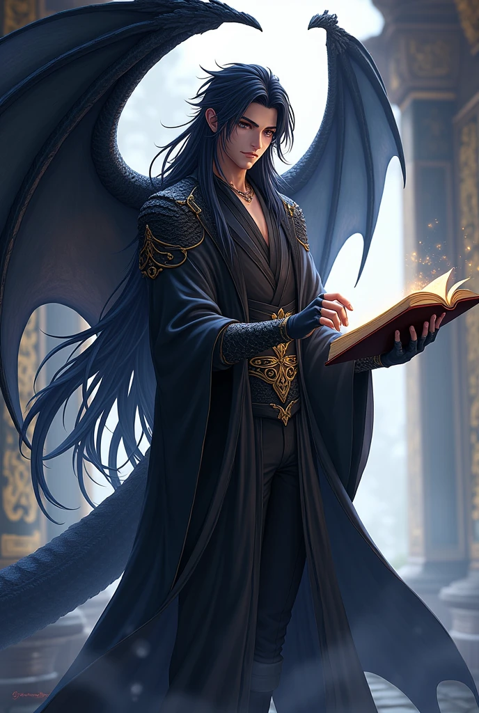 A male mage with black scales and an extravagant dragon wing, long flowing black hair., Black haori and black clothes with gold accessories , holding an open book in their right hand. Illustrated RPG concept art style, アニメ, with striking lighting and heavy shadows