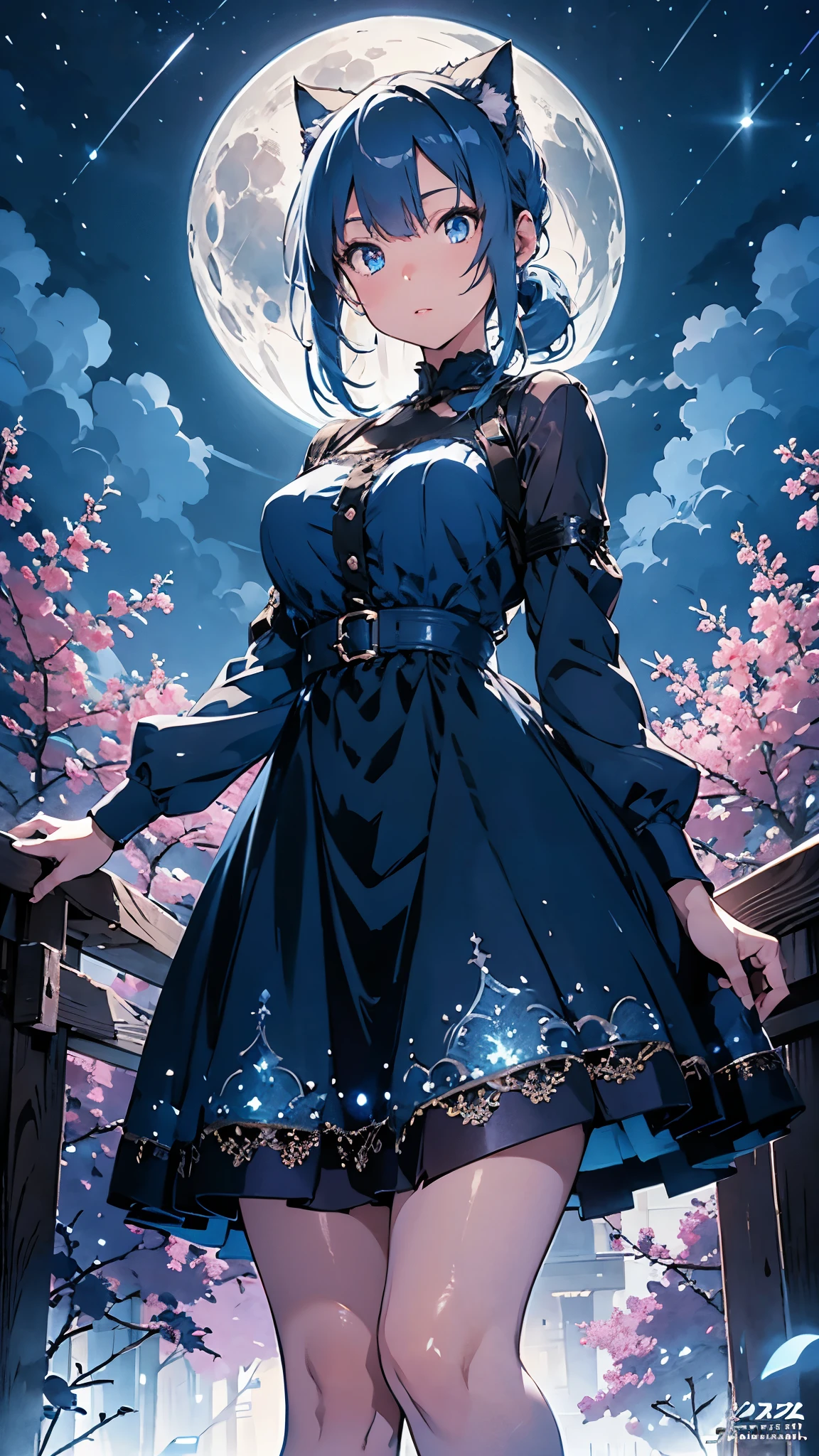 a beautiful neko-girl with blue hair,glowing blue eyes,detailed facial features,elegant pose,standing in a moonlit night landscape,beautiful detailed dress,moonlight shining on her,glowing blue aura,highly detailed, intricate, photorealistic, 8k, hyper detailed, masterpiece, cinematic lighting, vibrant colors, fantasy art