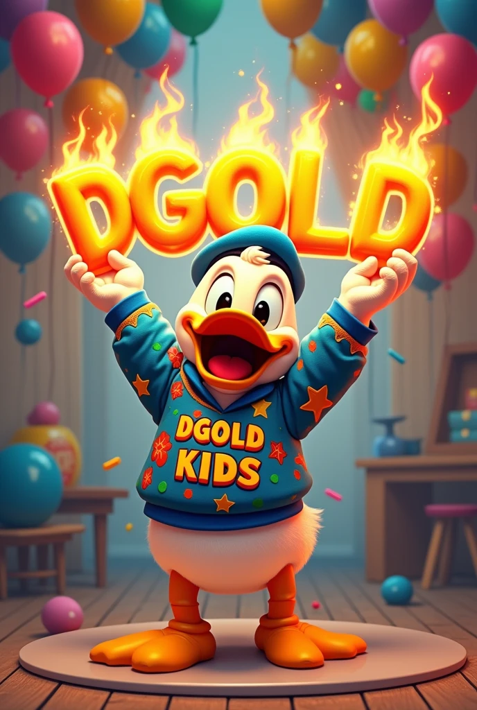 a cartoon character pato Donald wearing designer brand clothes, the brand name DGOLD KIDS is written on the clothes, pato Donald is holding balloons with the word DGOLD written on them, the letters on the balloons are on fire, the balloons are colorful and each balloon has a letter in order spelling out DGOLD, the text DGOLD KIDS is written in the brand name on the clothes e apenas um balão com cada letra do nome
