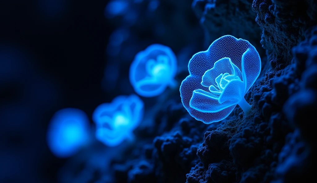 Blue fluorescent organisms stuck to a wall. Everything is dark. Only illuminated by these organisms
