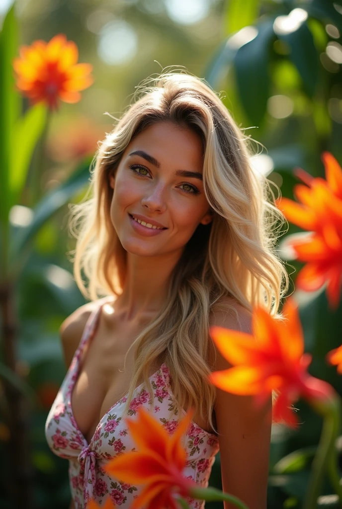 A Brazilian woman, blonde, in a lush tropical garden, naked, with a close-up capturing the harmonious beauty between her breasts and the natural flowers, showing off your natural charm and outgoing personality.