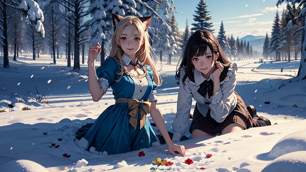 masutepiece, (masutepiece, Best Quality, Ultra-detailed, Photorealistic, extremely delicate and beautiful),
Alice in Wonderland, at winter, Playing in the snow, Happy smile, Very beautiful girl, correct facial features, detailed image of a girl