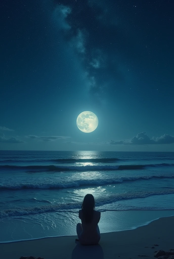 Imagine a night scenario, perhaps a starry sky or a seascape with gentle waves. There is a sense of loneliness and reflection, with the moon shining softly over the environment. In the foreground, a person sits alone, Perhaps on a stone or in the sand, gazing at the horizon. The atmosphere is calm and melancholic, reflecting the theme of lost love and the desire to relive past moments. The music evokes a feeling of longing and introspection, and this image seeks to capture these emotions.