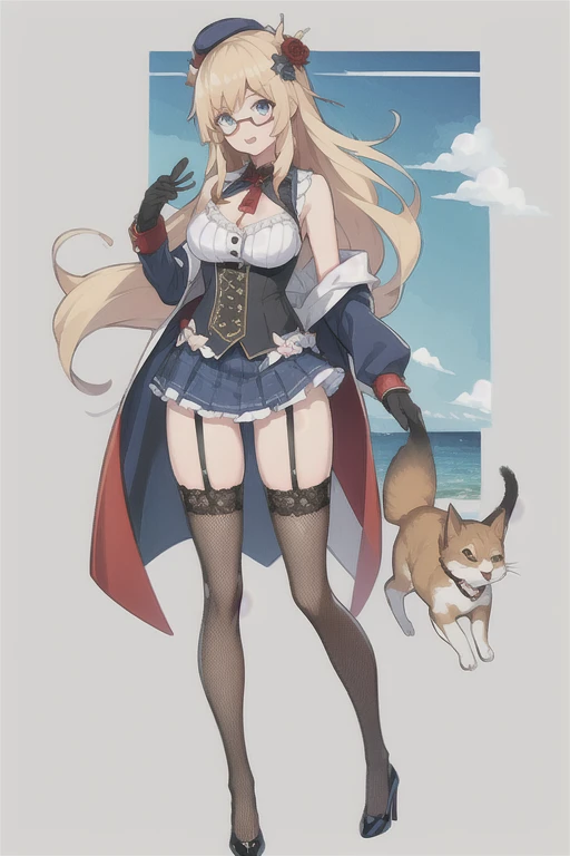 Hood \(warship girls r\),((masterpiece)),(((best quality))),((ultra-detailed)),((illustration)),((disheveled hair)),((frills)),(1 girl),(solo),1girl, animal, bangs, bespectacled, black gloves, black legwear, blonde hair, blue eyes, blue flower, blue footwear, breasts, buttons, cat, cross, dog, dress, fishnet legwear, fishnets, flower, fox, full body, garter belt, garter straps, glasses, gloves, gun, hair flower, hair ornament, handgun, hat, high heels, holding, holding cat, jacket, lace, lace-trimmed legwear, lace trim, large breasts, long hair, looking at viewer, open mouth, puppy, red-framed eyewear, rose, semi-rimless eyewear, shiba inu, shoes, side slit, skirt, sleeveless, smile, snowflake hair ornament, standing, star \(symbol\), star hair ornament, star print, thighhighs, thighs, under-rim eyewear, weapon，Moderate legs