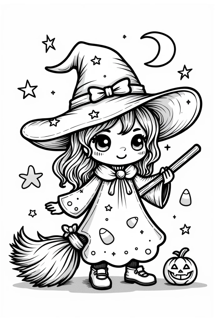 Cute and Kawaii Halloween Witch’s Broomstick coloring Page, simple for toddlers, bold and easy, black boldlines, White background, for a coloring book black and white, line art, only outlines, but the design is simple and bold, no greyscale