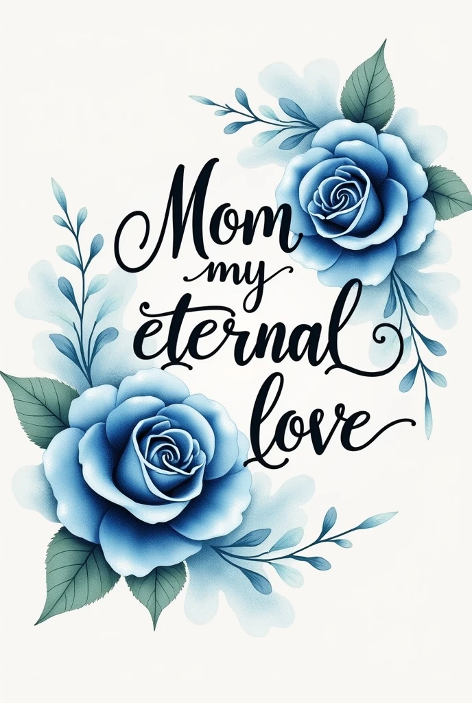 Tattoo design with the phrase “Mom, my eternal love” in delicate handwritten lettering, with two blue roses on each end, Not realistic