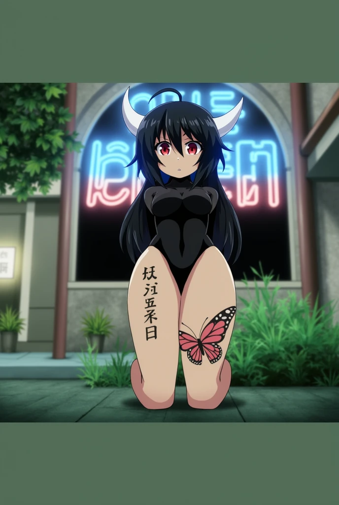 Anime mommy with black hair and messy in the front and white horns and sexy bouit, with red eyes And a naughty face Also put big butterfly oo On one thigh and Japanese letters on the other thigh