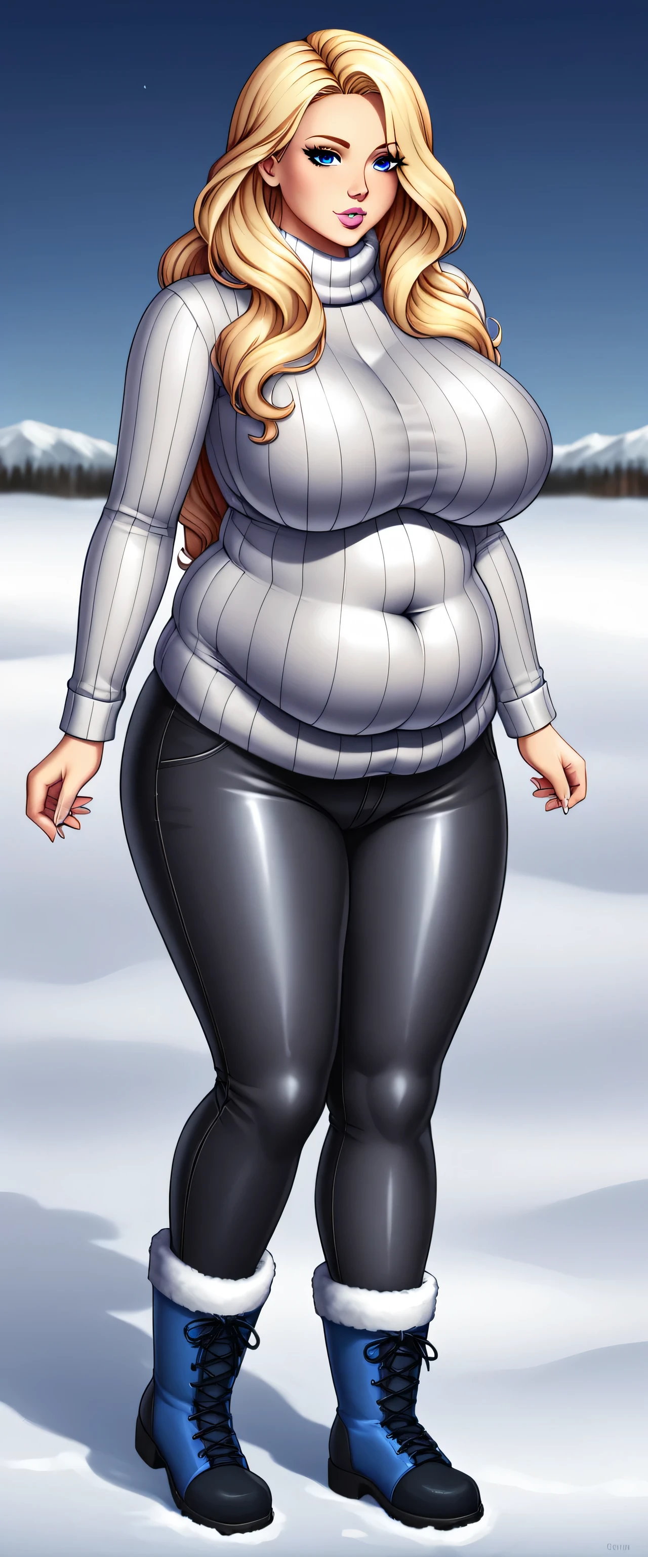 A beautiful sexy Russian girl with big breasts, beautiful long wavy straight blonde hair, blue eyes, and bright pink lips. She is wearing a gray fleece blouse, overweight, and black metallic pants, blue fleece socks, and snow boots.