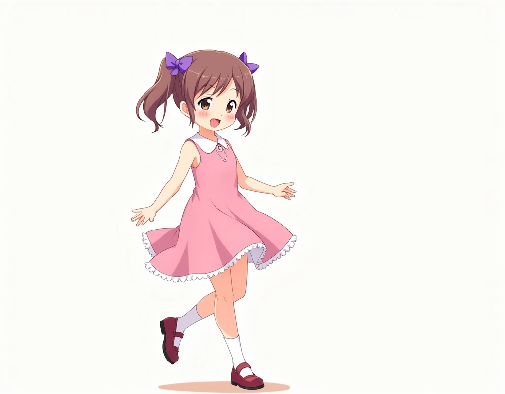 17 year old anime girl with sleeveless pink dress, peter pan collars, knee length hemline,mary jane shoes, medium sized purple bow in hair. plain background.