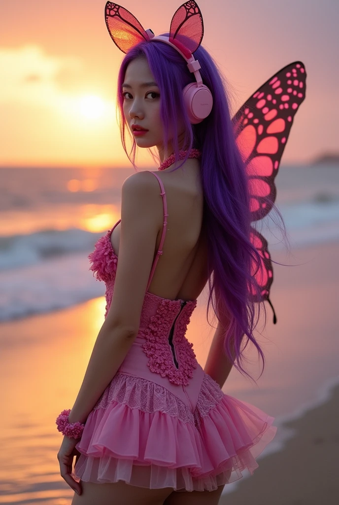 Korean butterfly woman with purple hair wearing headphones and a short victorian dress, a sparkly mini skirt, at sunset on the beach. Sexy pink pirate outfit. 