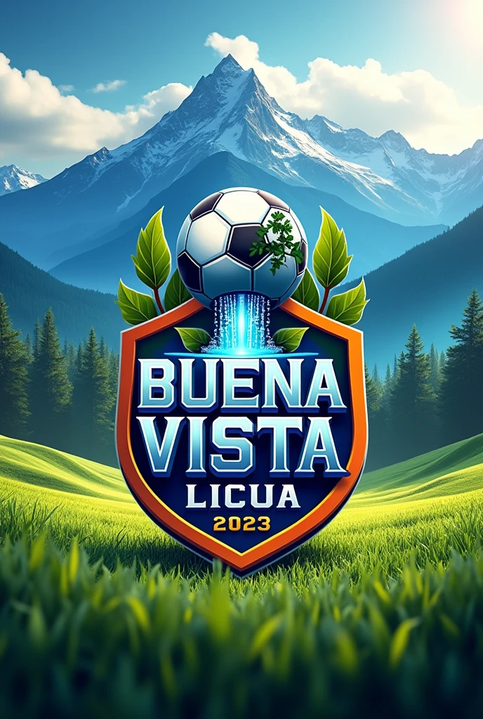 Escudo de fútbol ⚽ con montañas cascada y el nombre de BUENA VISTA LICUA FC 2023