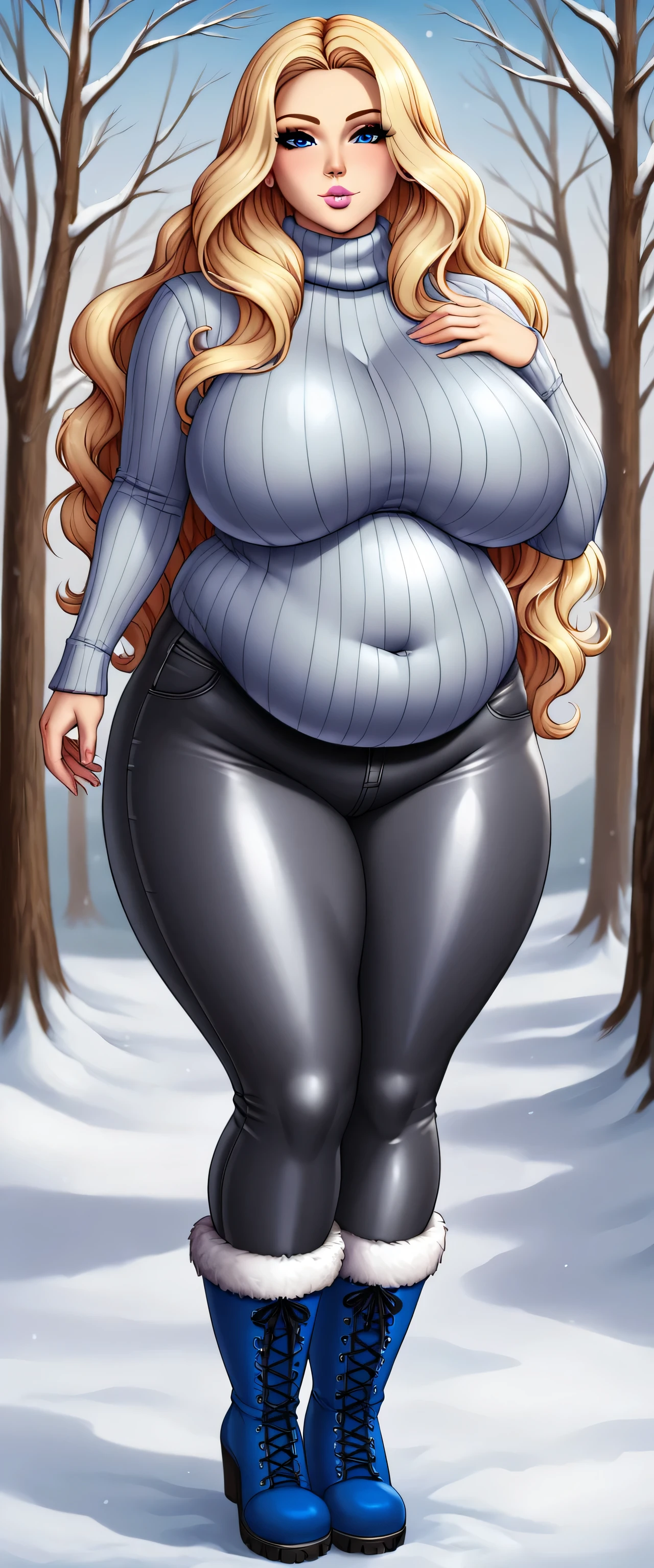 A beautiful sexy Russian girl with big breasts, beautiful long wavy straight blonde hair, blue eyes, and bright pink lips. She is wearing a gray fleece blouse, overweight, and black metallic pants, blue fleece socks, and snow boots.