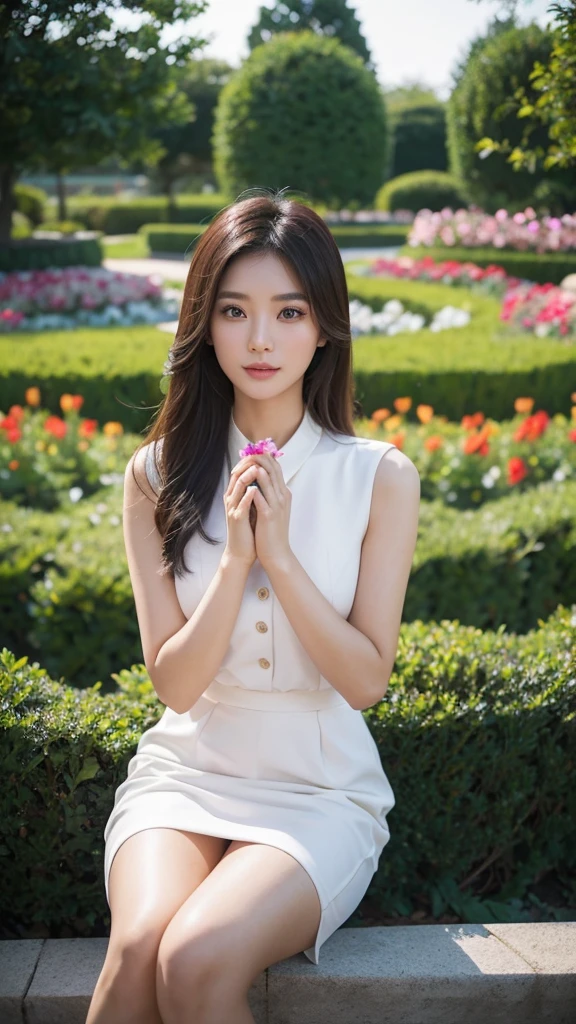 A 25-year-old Asian beauty poses with her hands together in a flower garden in the evening. There are numbers written 1000 No..