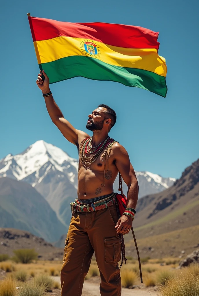 Man raising his hand and the flag of Bolivia