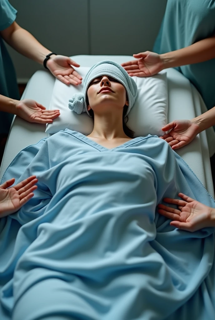 Woman dressed with closed eyes and a small towel covering her eyes, calmly lying covered up to her neck with a blue sheet on a stretcher, and 4 people with their palms down towards the lying woman.