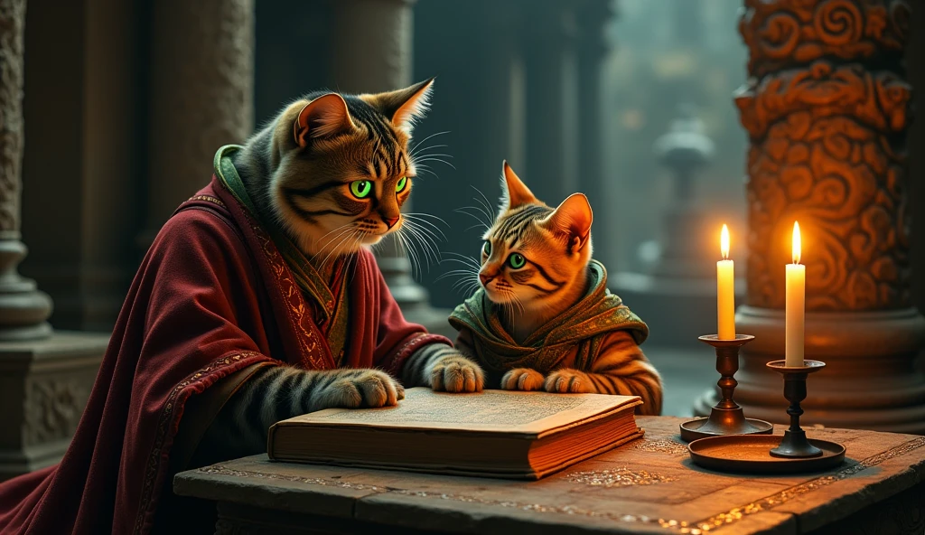 give me a cat daddy playing with his son on a mystical temple table from the 1800s with old books nearby with his eyes slightly glowing 3 candles on the table in the distance